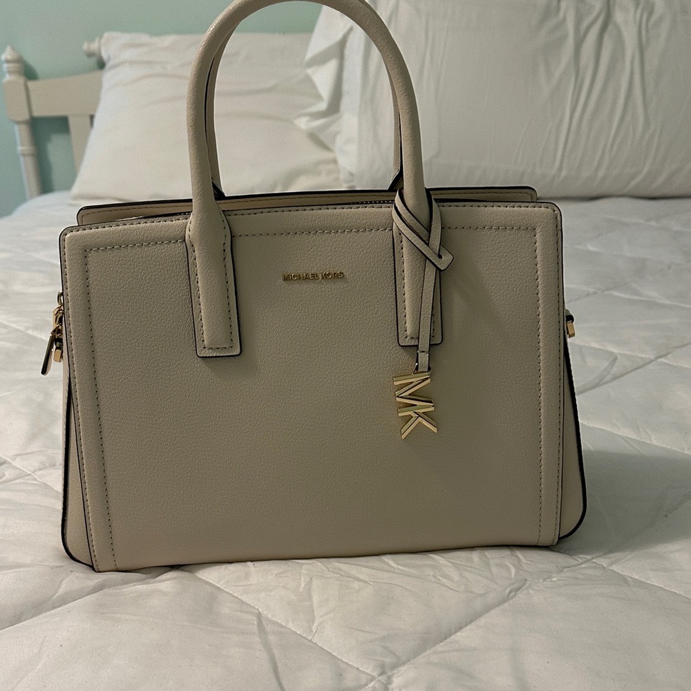 Michael Kors Cream Leather Satchel with Gold MK Charm